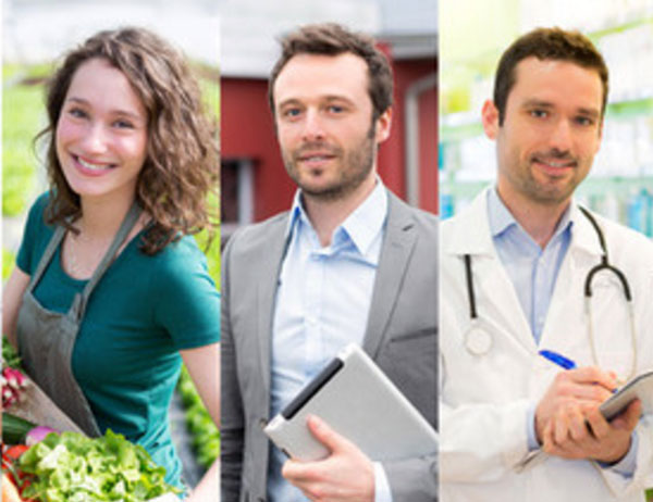 Три фотографии. Женщина - флористка, мужчина - сотрудник компании, мужчина - врач