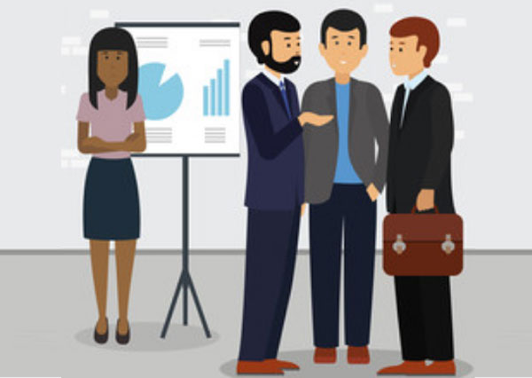 Картинка, на которой изображена девушка с черным цветом кожи. Она стоитт обособленно от трех мужчин с белым цветом кожи