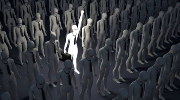 Изображения серых людей. Среди них один белый с поднятой рукой