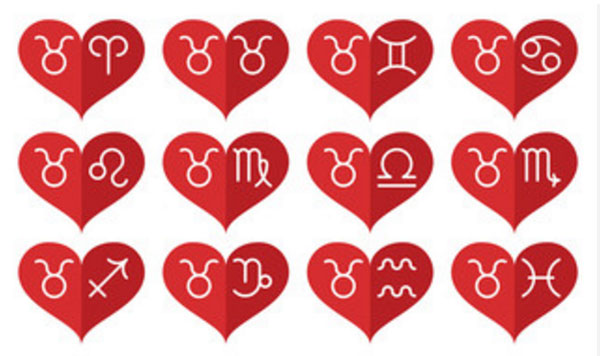 12 сердечек. На половинке каждого знак Тельца. На второй половинке все 12 знаков Зодиака