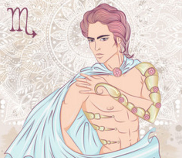 Картинка мужчины с хвостом скорпиона на руке. Рядом знак Скорпиона