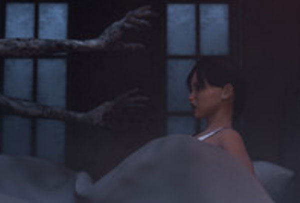 Женщина сидит на кровати. К ней тянутся руки монстра