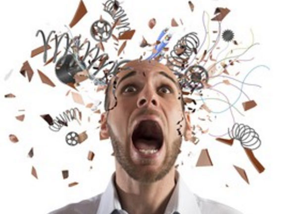 Голова кричащего мужчины, из которой вылетают пружинки и прочий мусор