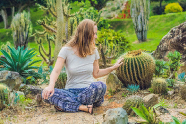 Девушка сидит в окружении кактусов и гладит их