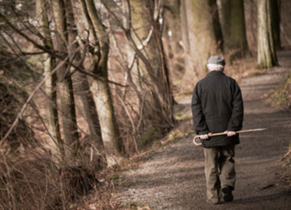 Одинокий старик идет по лесу